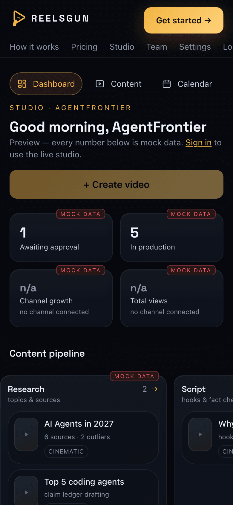 The ReelsGun studio on a phone, showing mock data with MOCK DATA badges